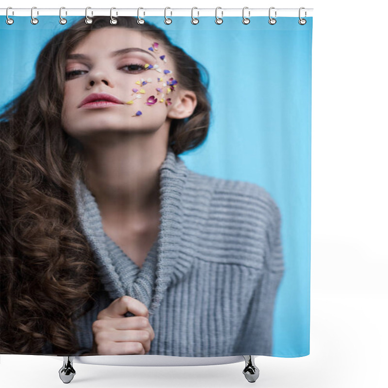 Personality  Young Woman In Stylish Turtleneck Sweater With Flowers On Face Isolated On Blue Shower Curtains