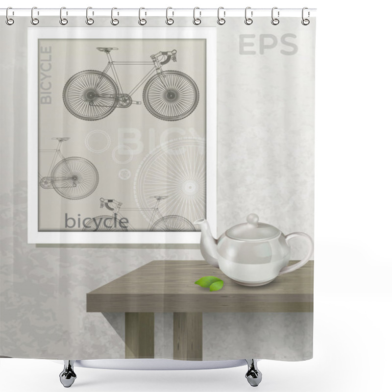 Personality  Table With Teapot And Picture With Bicycle Shower Curtains