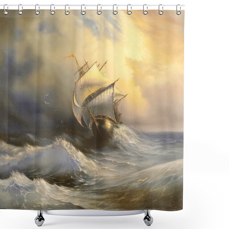 Personality  Ancient Sailing Vessel In Stormy Sea Shower Curtains