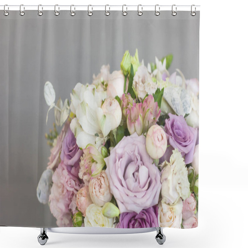 Personality  The Delicate Rustic Floral Bouquet F Rose Lilac Peony On Grey Background Shower Curtains