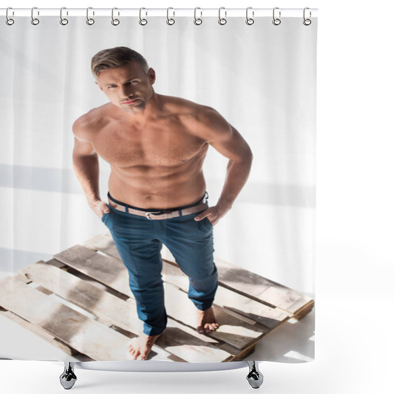 Personality  High Angle View Of Shirtless Handsome Adult Man Standing On Pallet On White And Looking At Camera Shower Curtains