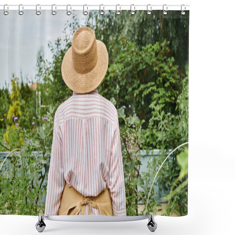 Personality  Back View Of Mature Woman In Straw Beautiful Hat Posing In Her Lively Garden While Working There Shower Curtains