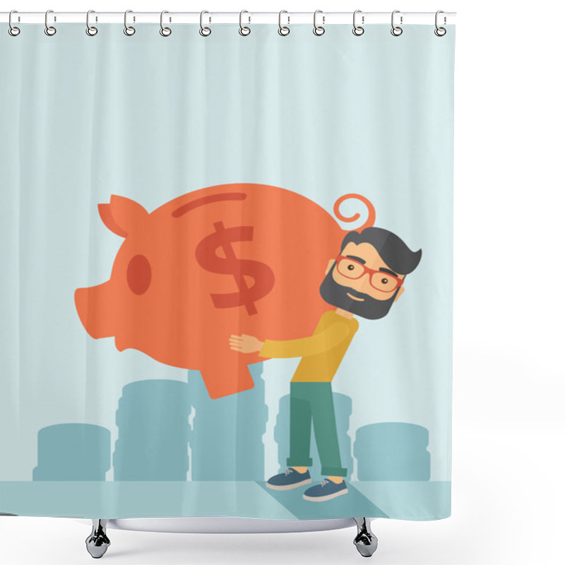 Personality  Man With His Big Piggy Bank Shower Curtains