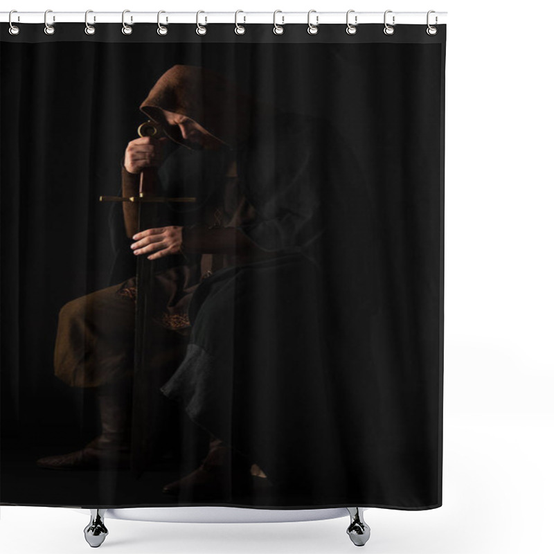 Personality  Medieval Scottish Man In Mantel With Sword In Dark Isolated On Black Shower Curtains