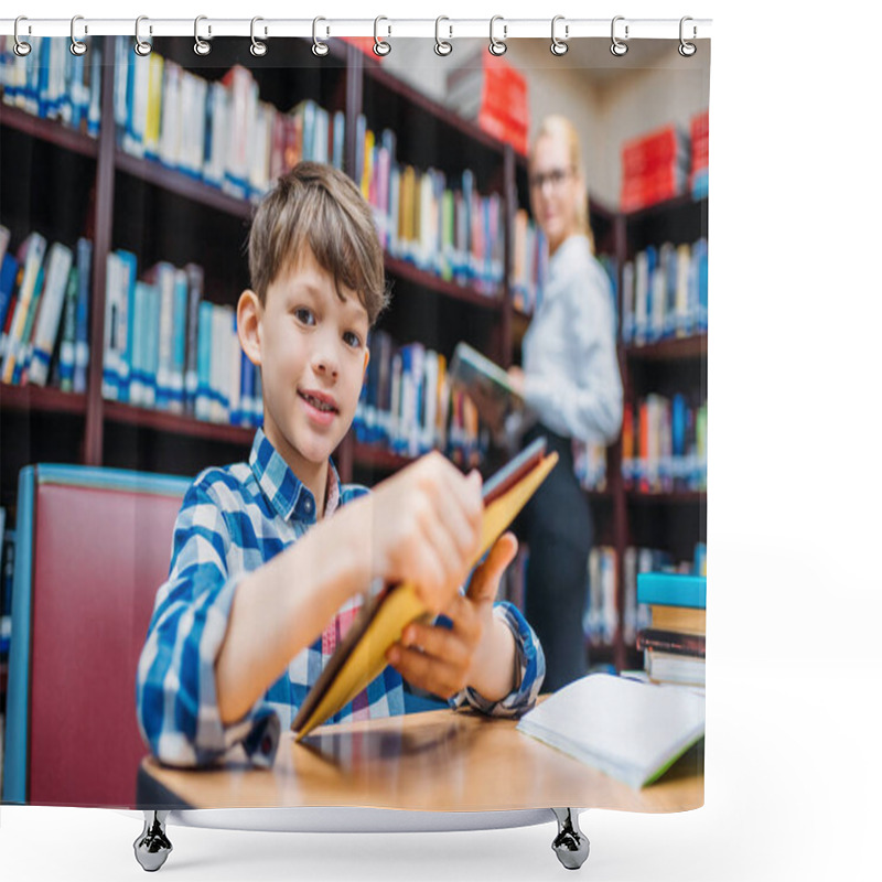 Personality  Schoolboy Holding Tablet In Library Shower Curtains