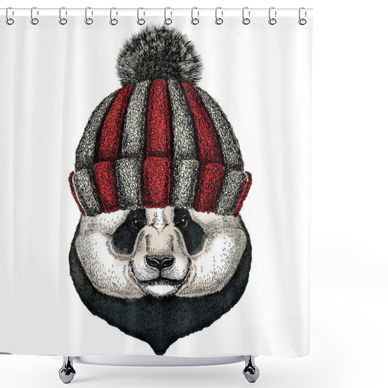 Personality  Big Panda, Bamboo Bear Portrait. Face Of Cute Animal. Bear Head. Knitted Wool Winter Hat. Shower Curtains