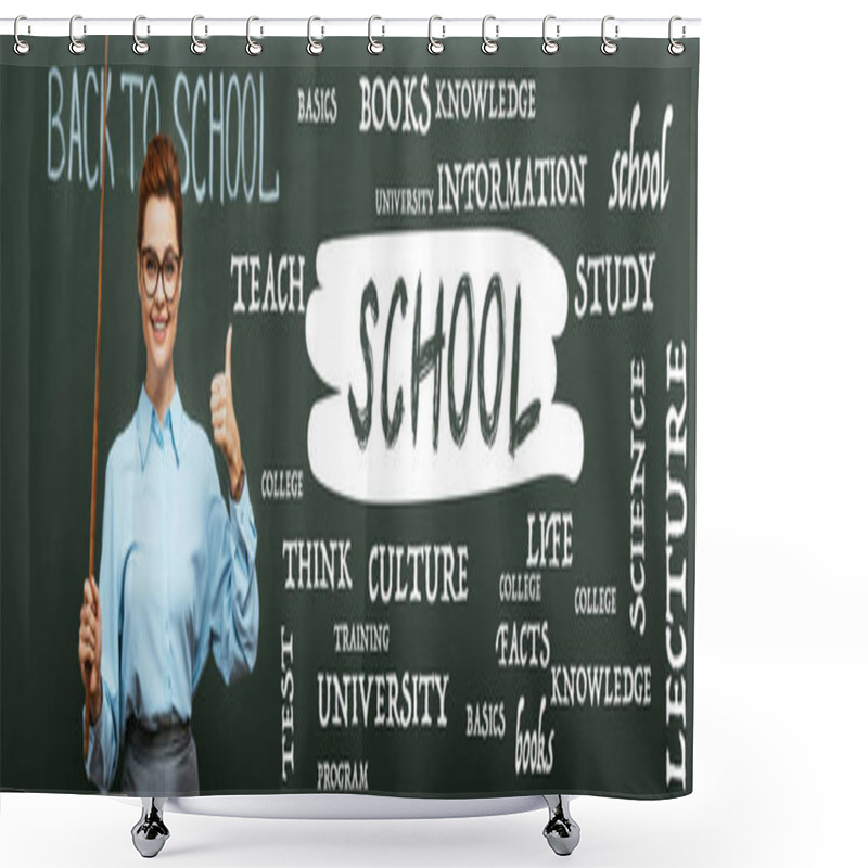 Personality  Panoramic Crop Of Teacher With Pointing Stick Showing Thumb Up Near Chalkboard With Lettering In Classroom  Shower Curtains