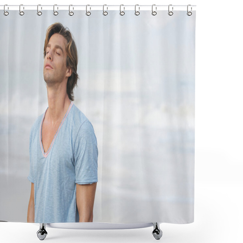 Personality  Attractive Man Breathing Fresh Air While On The Beach Shower Curtains