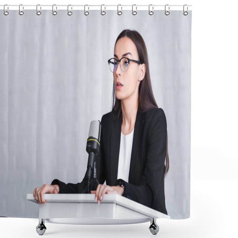 Personality  Nervous Lecturer In Glasses Standing On Podium Tribune And Looking Away Shower Curtains