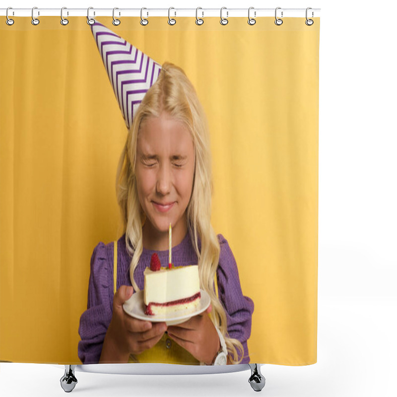 Personality  Smiling Kid Holding Plate With Birthday Cake And Making Wish On Yellow Background  Shower Curtains