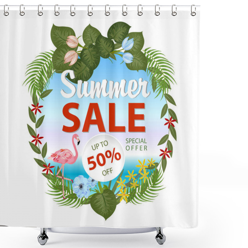 Personality  Summer Sale Banner With Tropical Leaves And Flamingo On White Background, Exotic Floral Design For Banner, Flyer, Invitation, Poster, Web Site Or Greeting Card. Vector Illustration. Shower Curtains