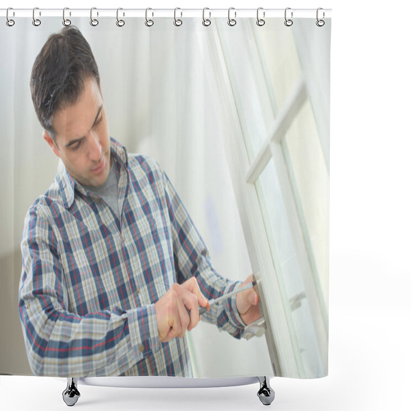 Personality  Handyman Fitting A New Door Shower Curtains