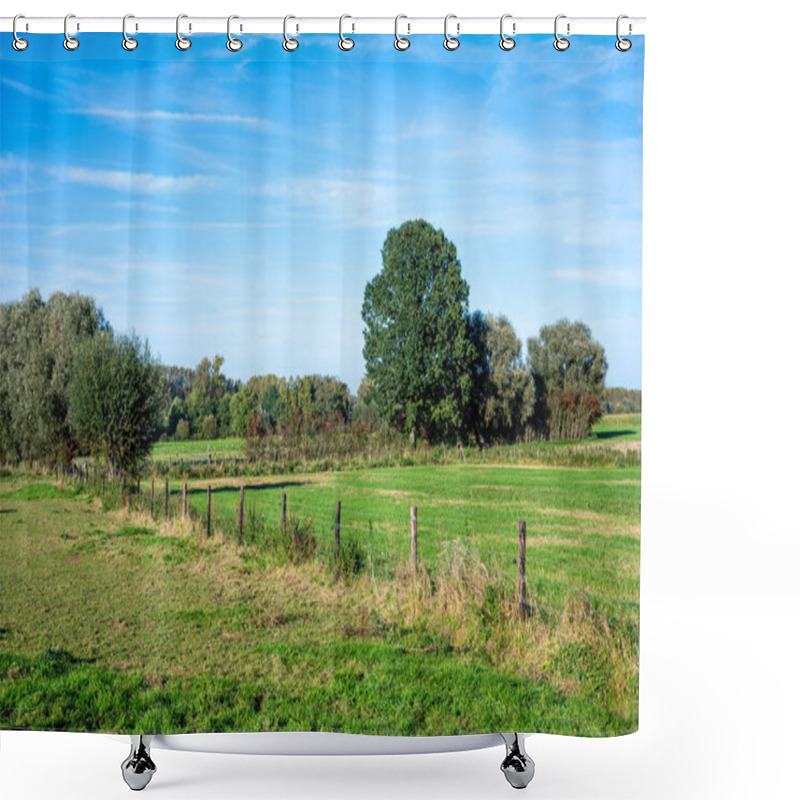 Personality  Diagonal Fence In The Green Fields Of The Agriculture Fields Around Aspelare, East Flemish Region, Belgium Shower Curtains