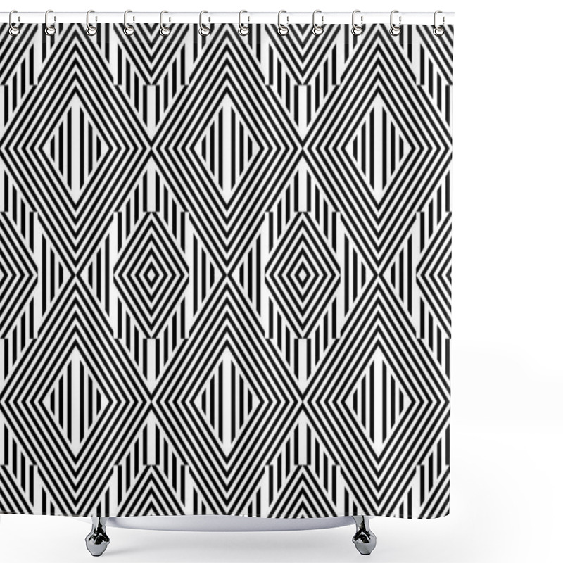 Personality  Seamless Pattern With Striped Black White Straight Lines And Diagonal Inclined Lines (zigzag, Chevron). Optical Illusion Effect, Op Art. Background For Cloth, Fabric, Textile, Tartan. Shower Curtains