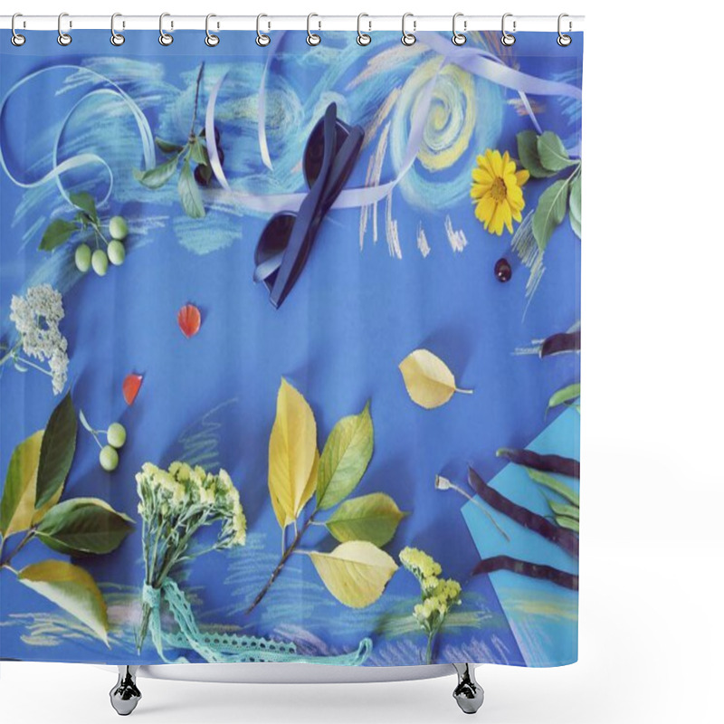 Personality  Summer Seasonal Composition Of Fresh Flowers, Leaves And Fruits On A Blue Background, Top View Shower Curtains