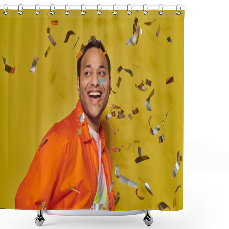 Personality  Cheerful Indian Man In Bright Orange Jacket Smiling Near Falling Confetti On Yellow Backdrop Shower Curtains