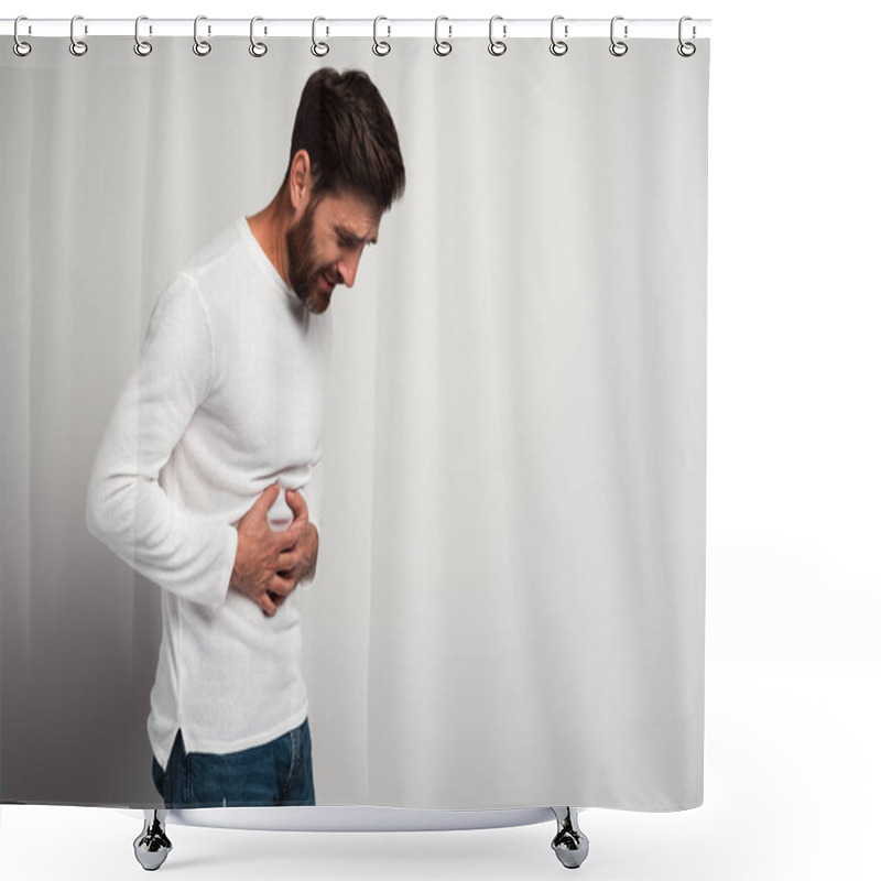 Personality  Young Man Having A Stomachache. Young Man Keeping Hands At His Stomach Because Painful Disease Feeling Unwell. Ache Concept Shower Curtains