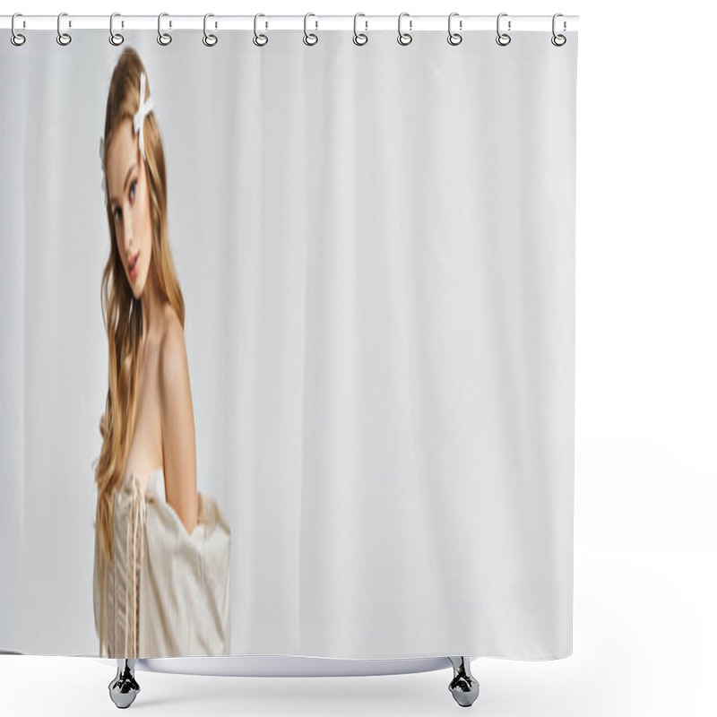 Personality  A Young, Blonde Woman Exudes Grace And Elegance While Posing For A Portrait In A White Dress In A Studio Setting. Shower Curtains