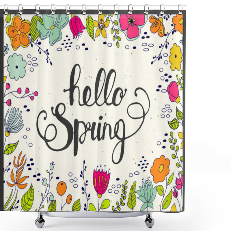 Personality  Hello Spring Lettering With Floral On Background. Shower Curtains