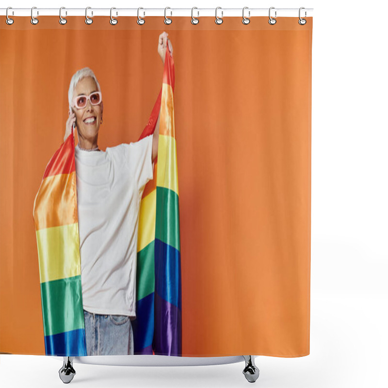 Personality  A Stylish Woman Joyfully Wraps Herself In A Rainbow Flag. Shower Curtains