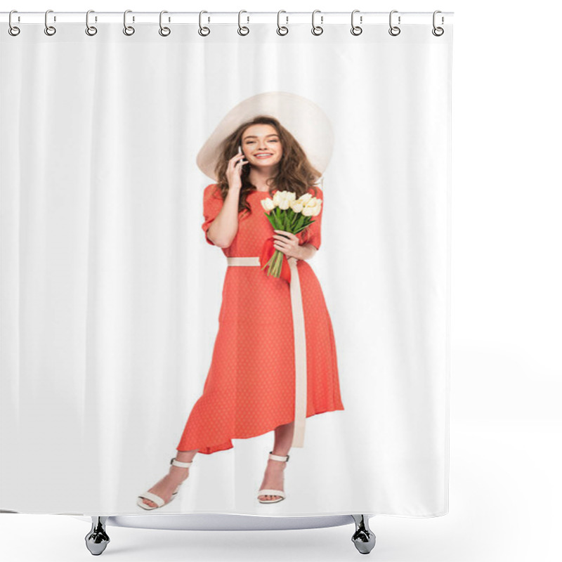 Personality  Happy Elegant Woman In Hat And Dress Holding White Tulips And Talking On Smartphone Isolated On White Shower Curtains