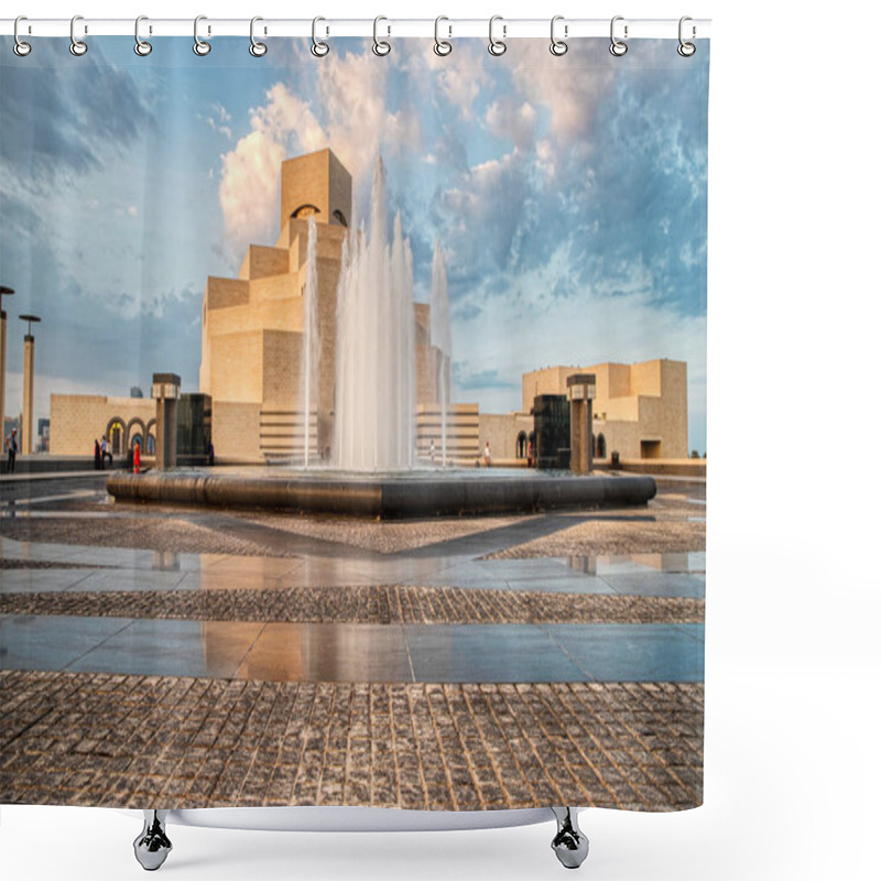 Personality  Museum Of Islamic Art , Doha,Qatar In Daylight Exterior View With Fountain In The Foreground And Clouds In The Sky In The Background Shower Curtains