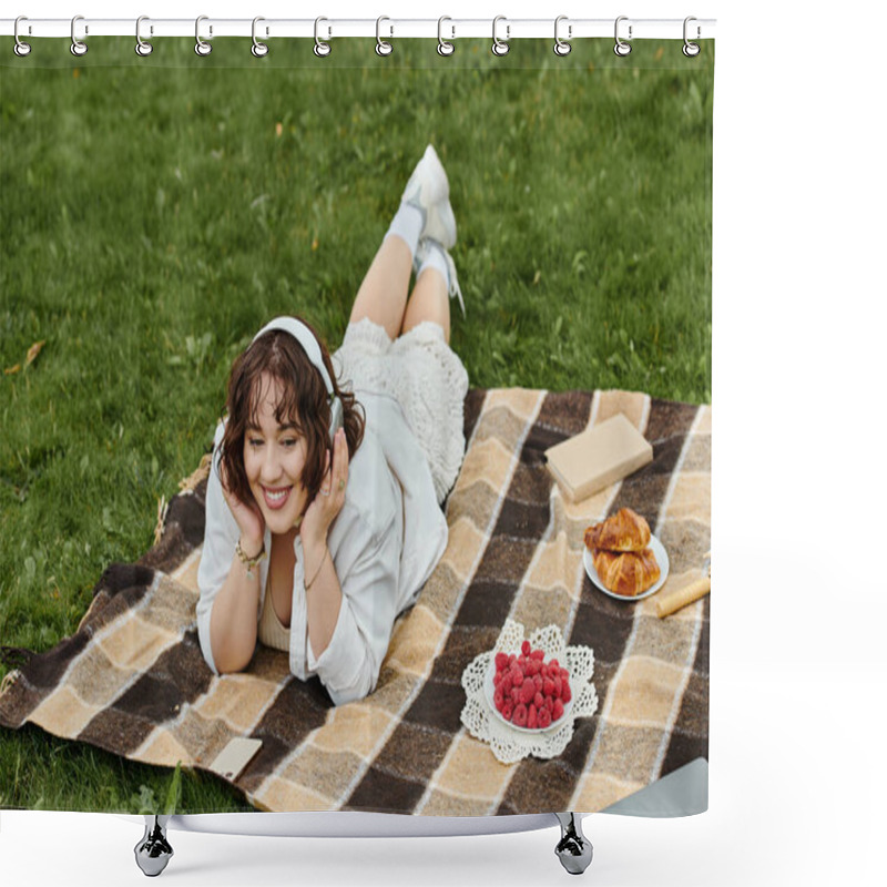 Personality  A Young Woman Relaxes On A Picnic Blanket, Savoring The Warmth Of Summer While Enjoying Sweet Berries And Pastries. Shower Curtains