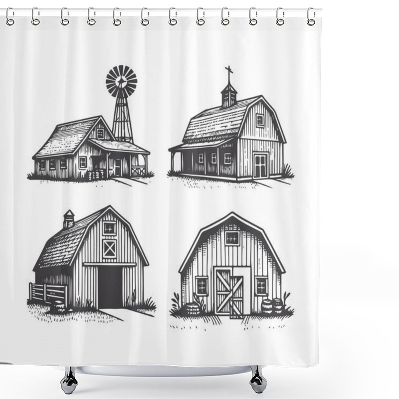 Personality  Charming Hand-Drawn Farm Barn Illustrations Shower Curtains