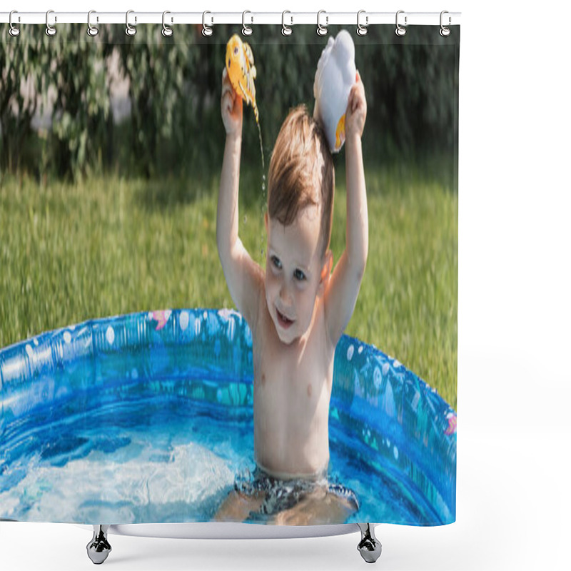 Personality  Cheerful Toddler Boy Playing With Rubber Toys And Pouring Water In Inflatable Pool Outside, Banner Shower Curtains