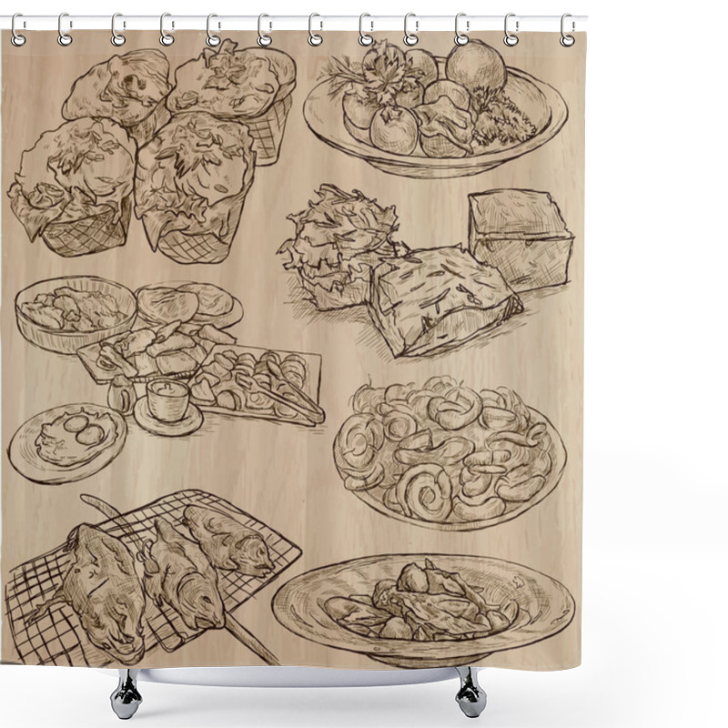 Personality  Food Around The World - Vector Set. Hand Drawn. Shower Curtains