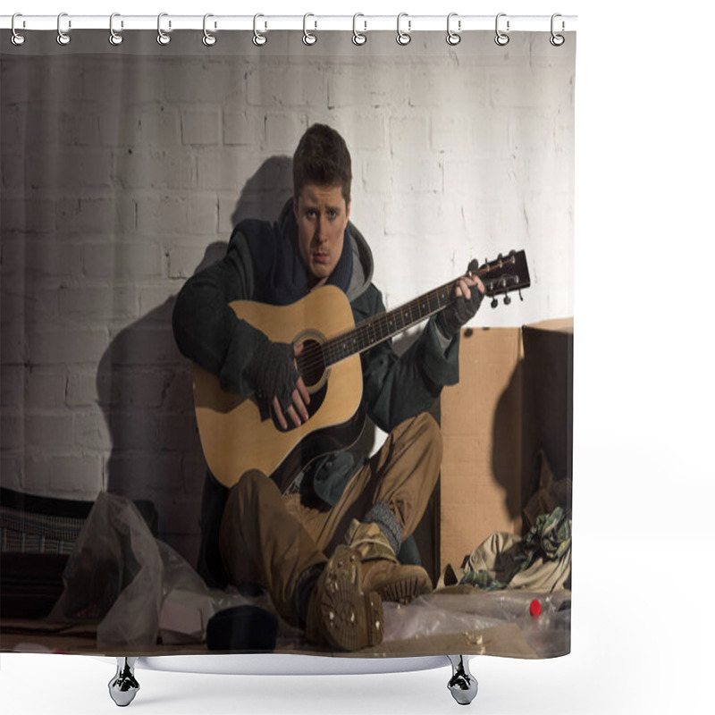 Personality  Sad Homeless Man Playing Acoustic Guitar Near White Brick Wall Shower Curtains