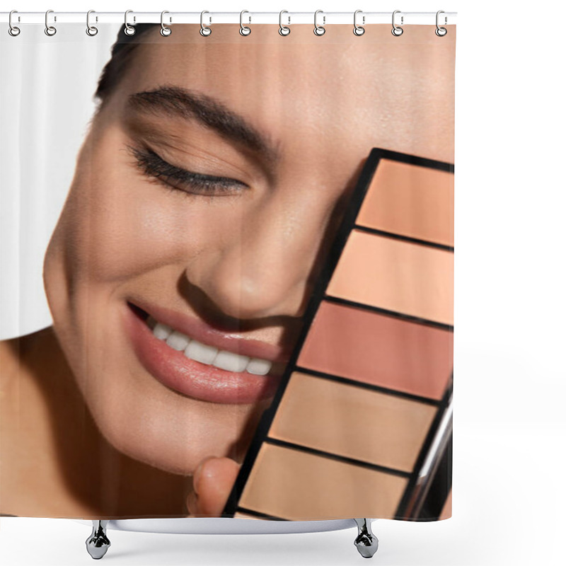 Personality  Close Up Of Positive Young Woman Covering Eye With Eye Shadow Palette Isolated On White  Shower Curtains