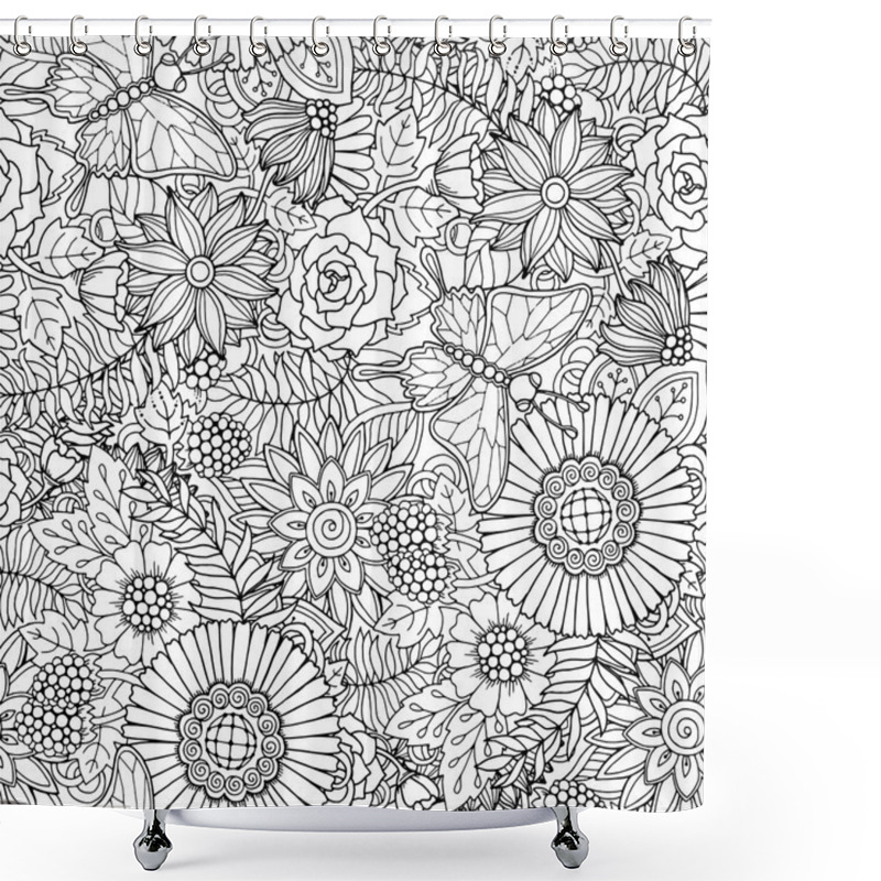 Personality  Seamless Pattern With Flowers And Butterfly. Ornate Zentangle Se Shower Curtains