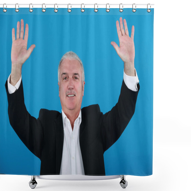 Personality  Businessman With His Hands Up Shower Curtains