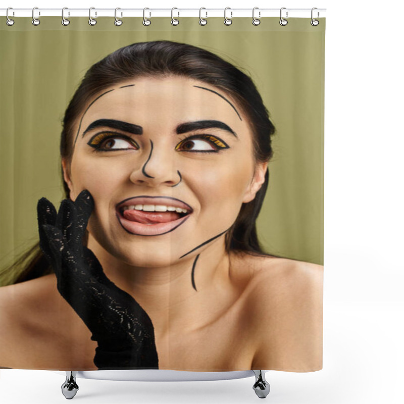 Personality  A Pop Art-style Brunette Woman In Black Gloves Revealing A Hidden Artificial Mask. Shower Curtains