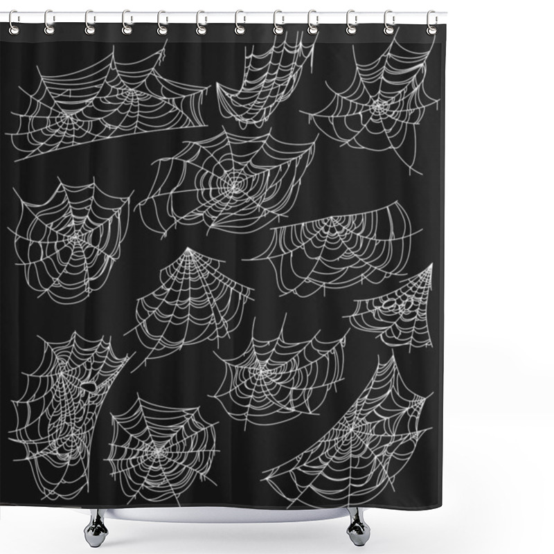 Personality  Net And Web Of Spiders Vector Set Of Halloween Horror Holiday. White Sticky Silk Threads Of Cobweb And Spiderweb Isolated On Black Background, Scary Borders, Spooky Corners And Creepy Tattoo Design Shower Curtains