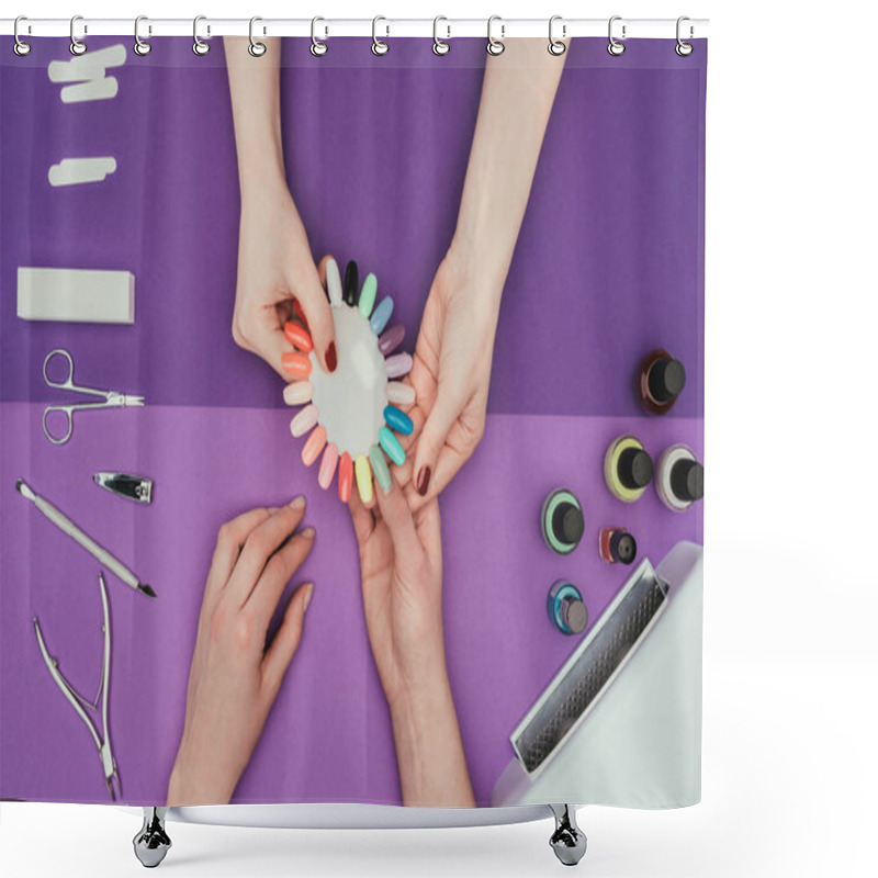 Personality  Cropped Image Of Manicurist Showing Manicure Palette To Customer Shower Curtains