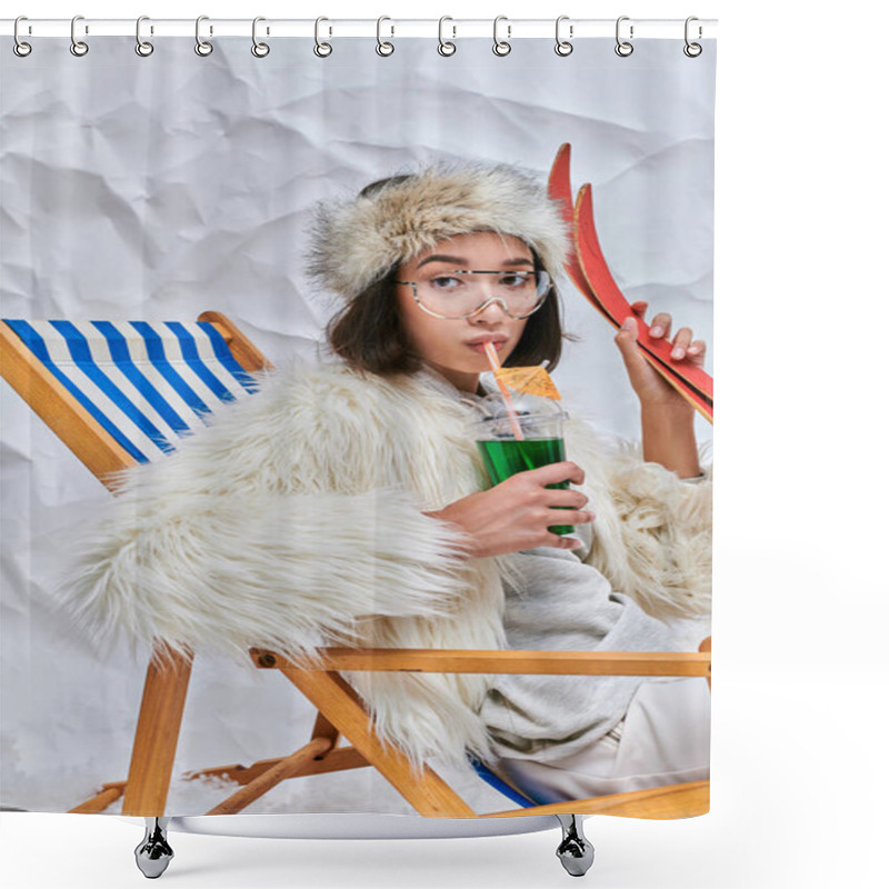 Personality  Asian Woman With Skis Drinking Hot Teddy Cocktail In Deck Chair On White Textured Backdrop Shower Curtains