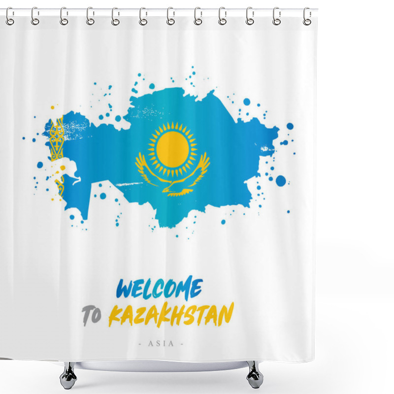 Personality  Welcome To Kazakhstan. Asia. Flag And Map Of The Country Of Kazakhstan From Brush Strokes. Lettering. Vector Illustration On White Background Shower Curtains