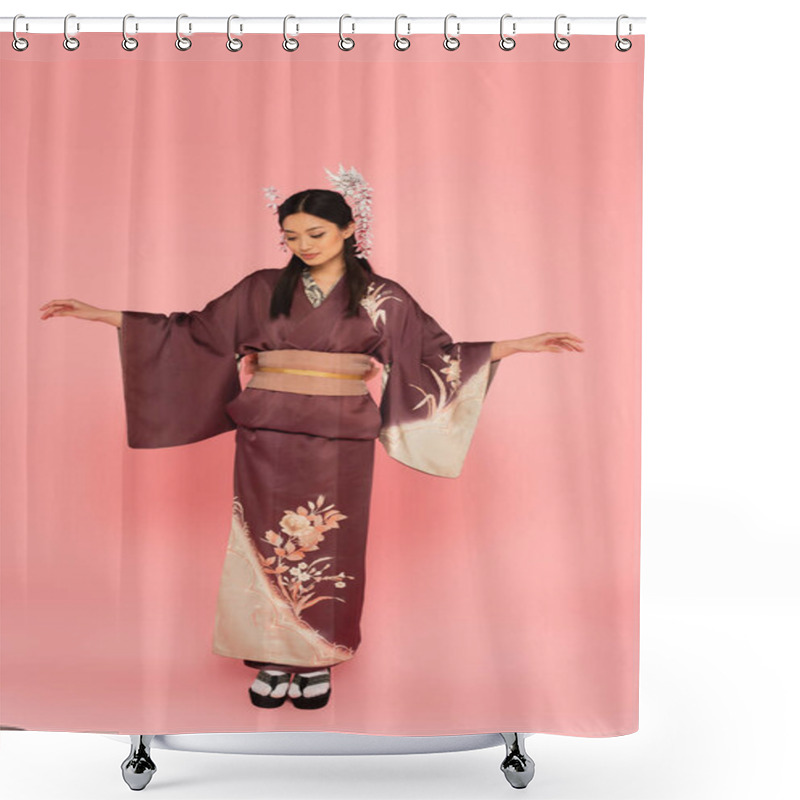 Personality  Full Length Of Asian Woman In Oriental Wear Standing On Pink Background Shower Curtains