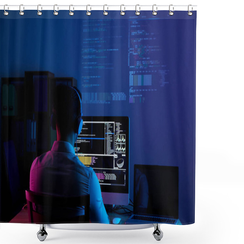 Personality  Developer Working On Code Late At Night, View From The Back Shower Curtains