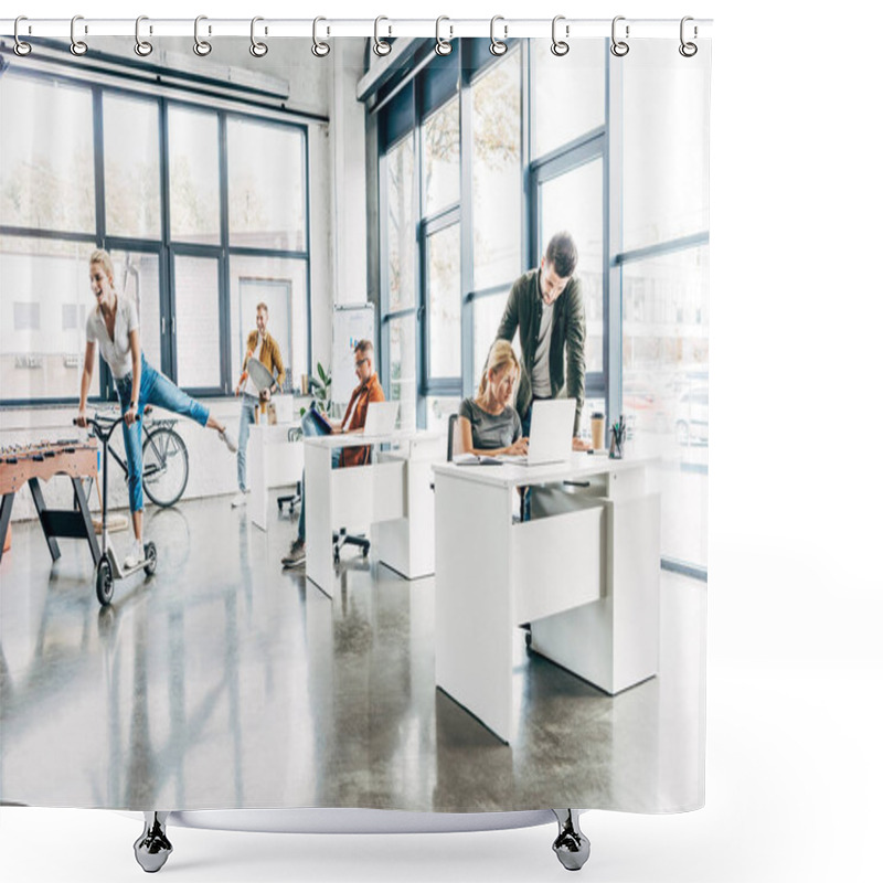 Personality  Group Of Happy Progressive Entrepreneurs Working On Startup Together At Modern Open Space Office Shower Curtains