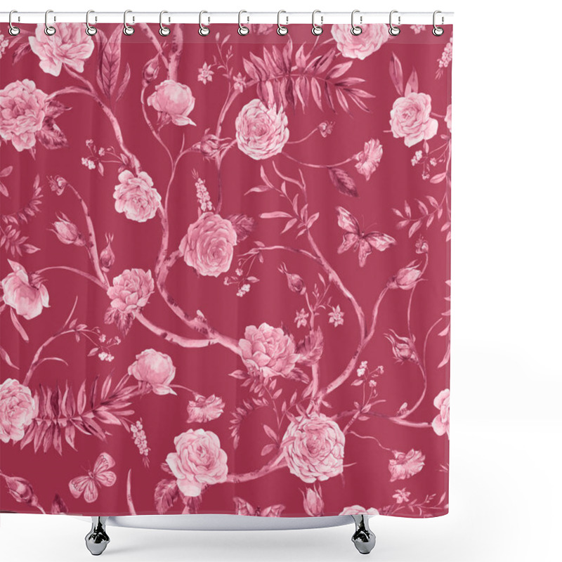 Personality  Watercolor Garden Rose Bouquet, Blooming Tree Seamless Pattern, Chinoiserie Floral Texture On Red Shower Curtains