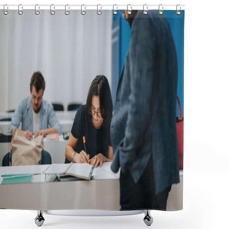 Personality  Students Focus On Their Tasks While A Professor Provides Guidance In A Classroom Setting. The Image Captures Learning, Concentration, And Educational Interaction Within An Academic Environment. Shower Curtains