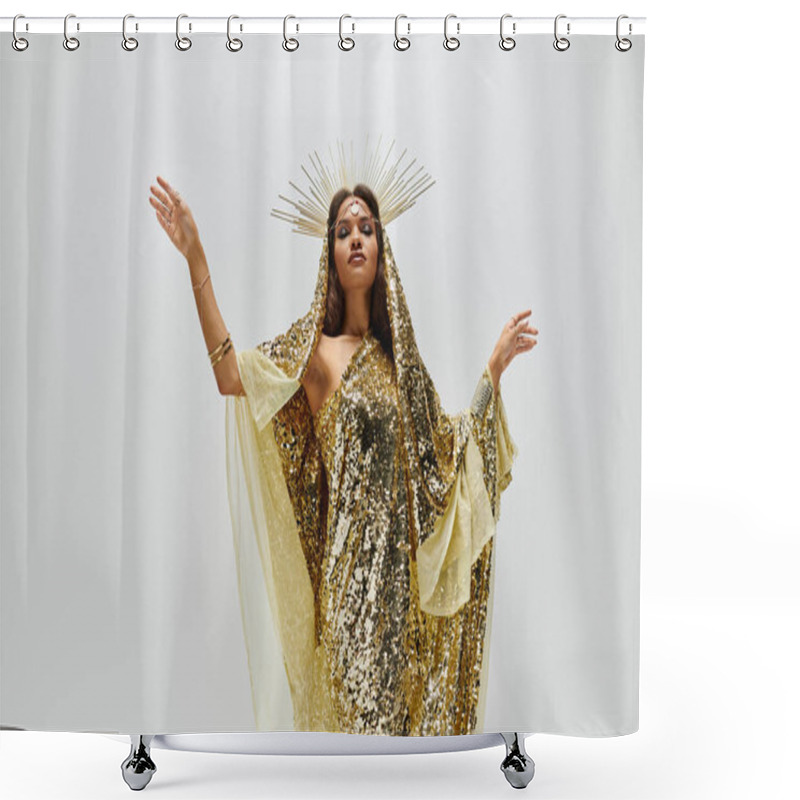 Personality  An Elegant African American Woman Adorned In A Sparkling Golden Dress Enhances The Creative Studio Atmosphere. Shower Curtains