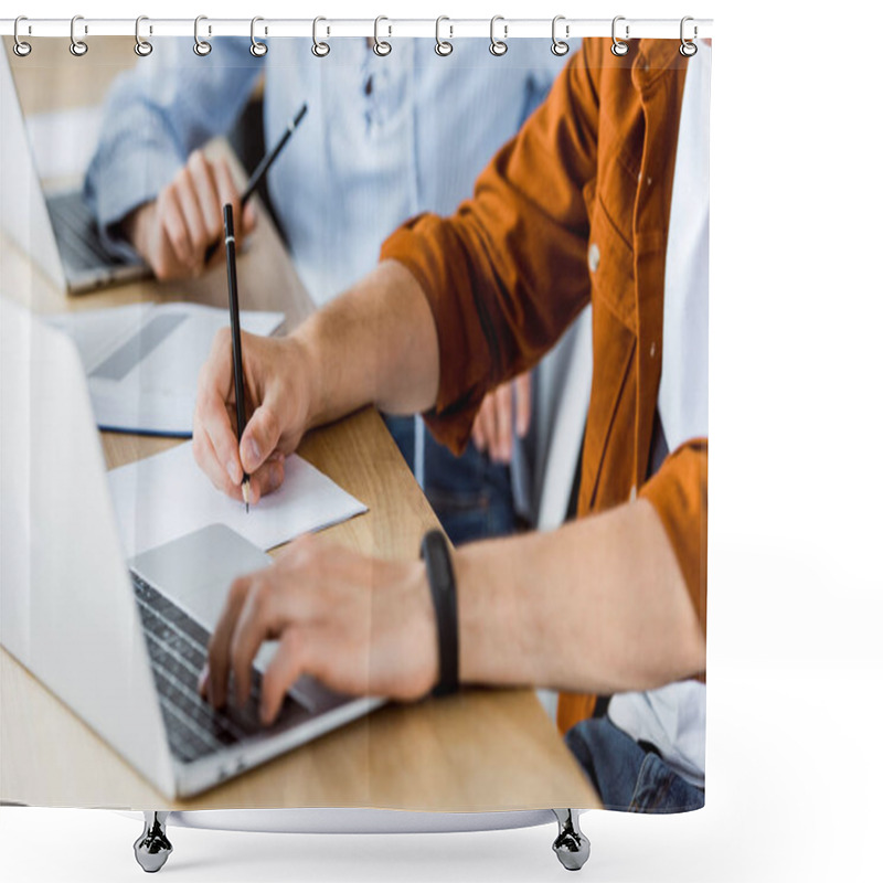 Personality  Cropped Image Of Colleagues Using Laptops For Working On New Startup Project In Office Shower Curtains