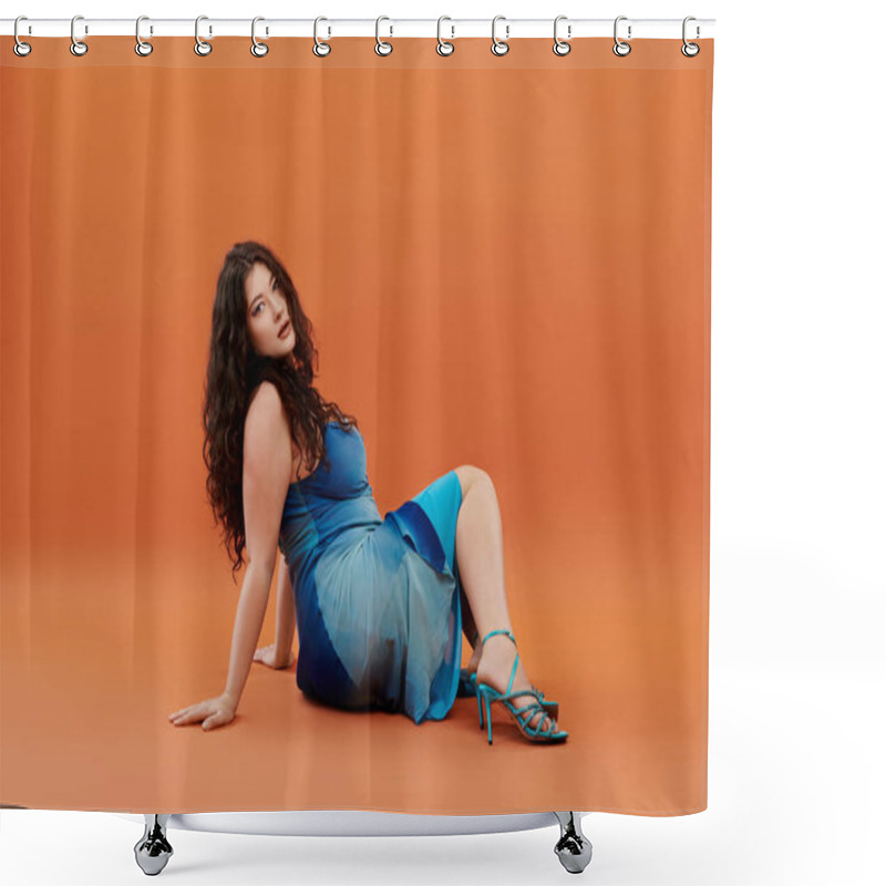 Personality  A Young, Beautiful Plus Size Woman Showcases Her Confidence In A Blue Dress On An Orange Background. Shower Curtains