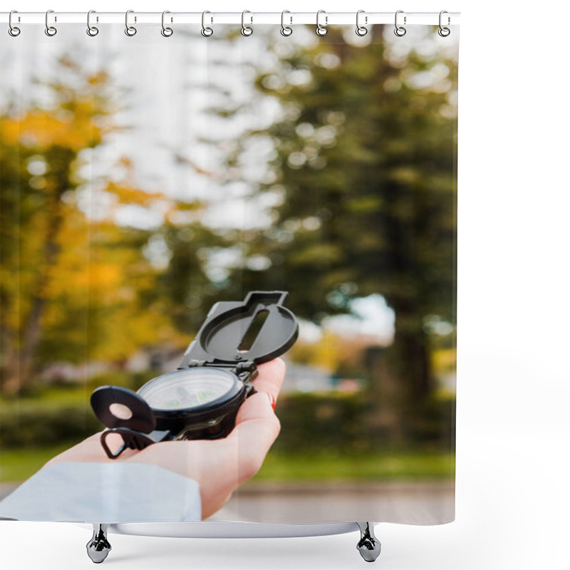 Personality  Cropped View Of Woman Holding Compass In Autumnal Park  Shower Curtains