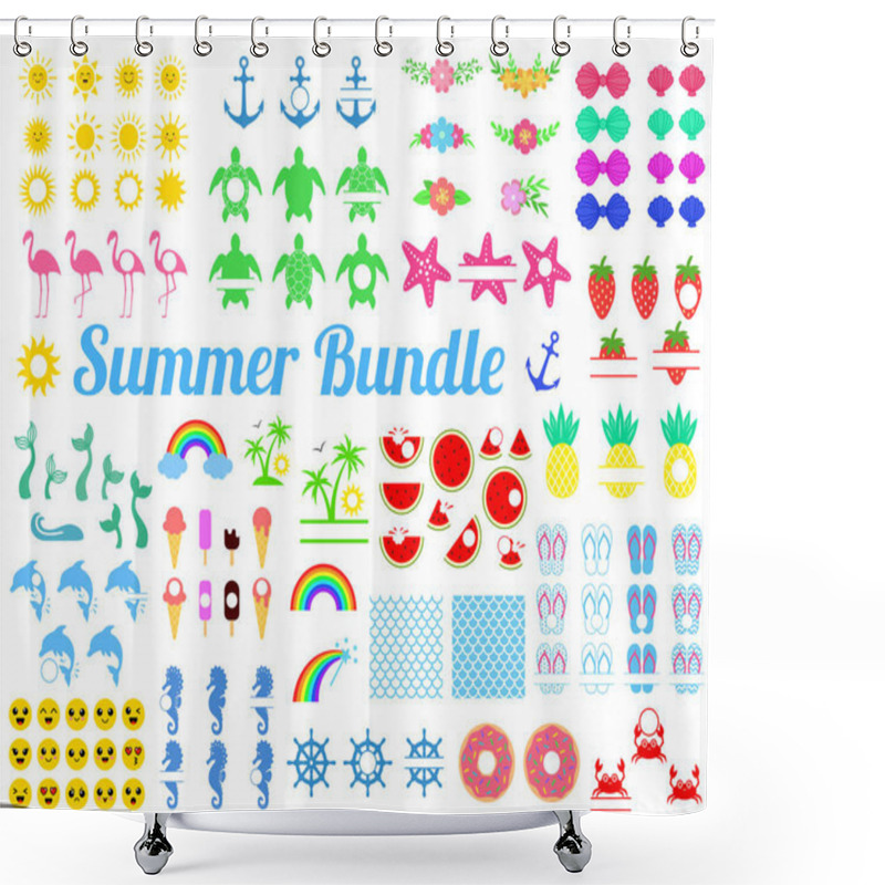 Personality  Big Summer Bundle With Design Elements. Turtle, Sun, Seahorse, Mermaid Tail, Rainbow, Flamingo, Watermelon, Pineapple, Dolphin Anchor Strawberry Crab Palm Donut Shells Vector Illustration Shower Curtains