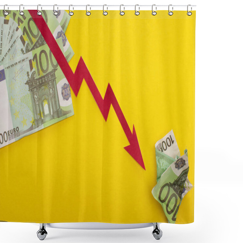 Personality  KYIV, UKRAINE - MARCH 25, 2020: Top View Of Crisis Graph And Euro Banknotes Isolated On Yellow  Shower Curtains